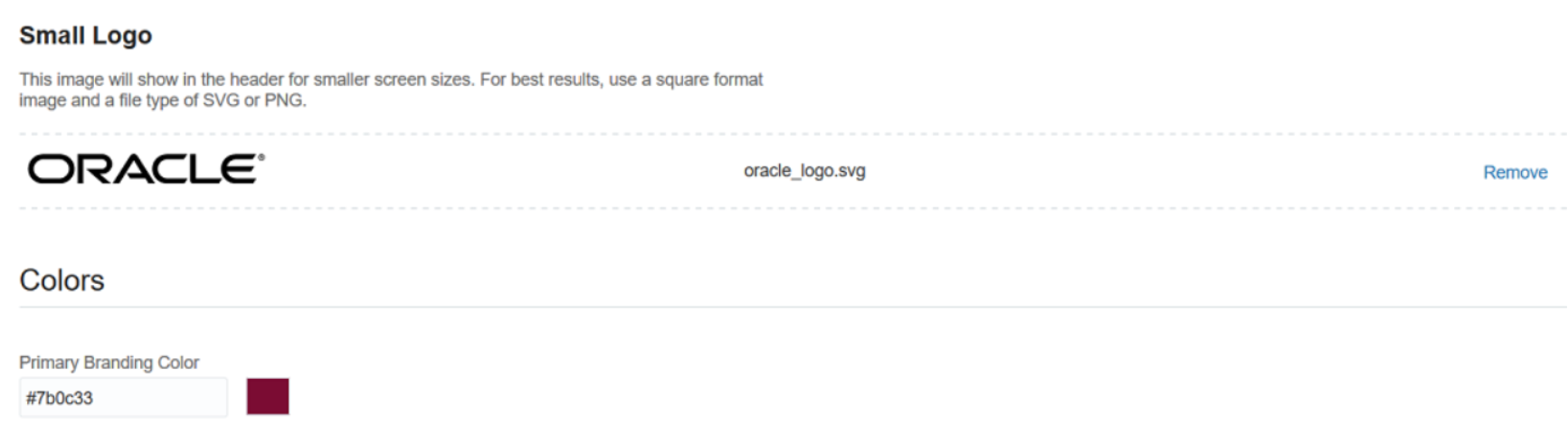 Area of branding page showing uploaded logos and specified color.