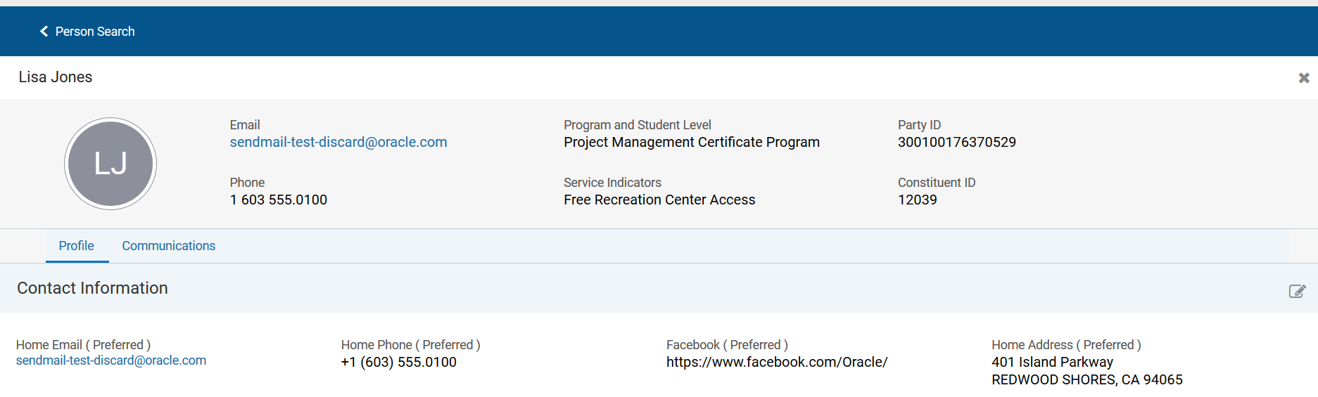 Person detail page shows the summary information such as contact information.