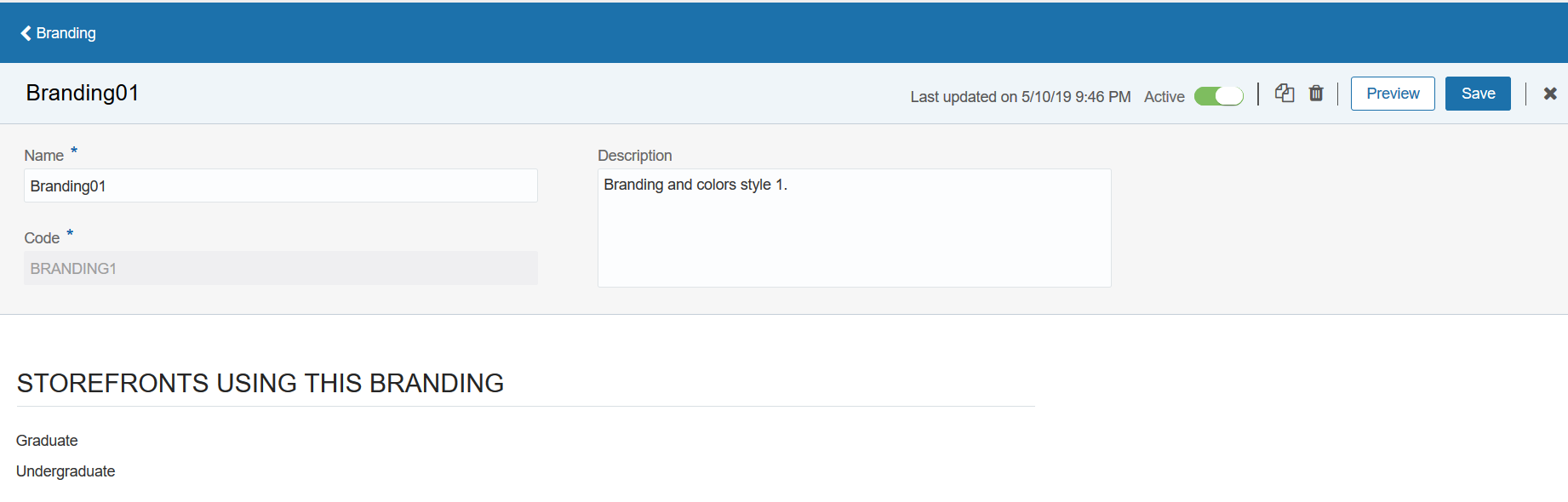 Branding page area showing two storefronts associated with a branding style.