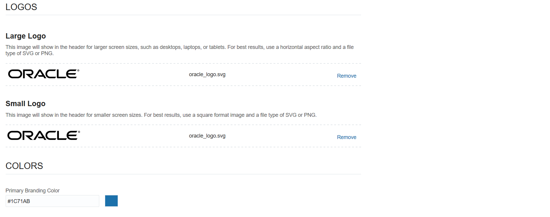 Area of branding page showing logos and color theme.