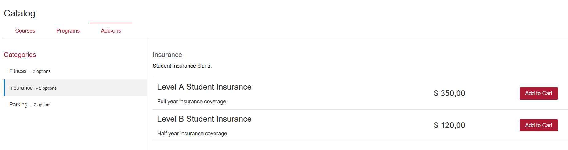Add-ons tab displaying the insurance plans that can be added to shopping cart.