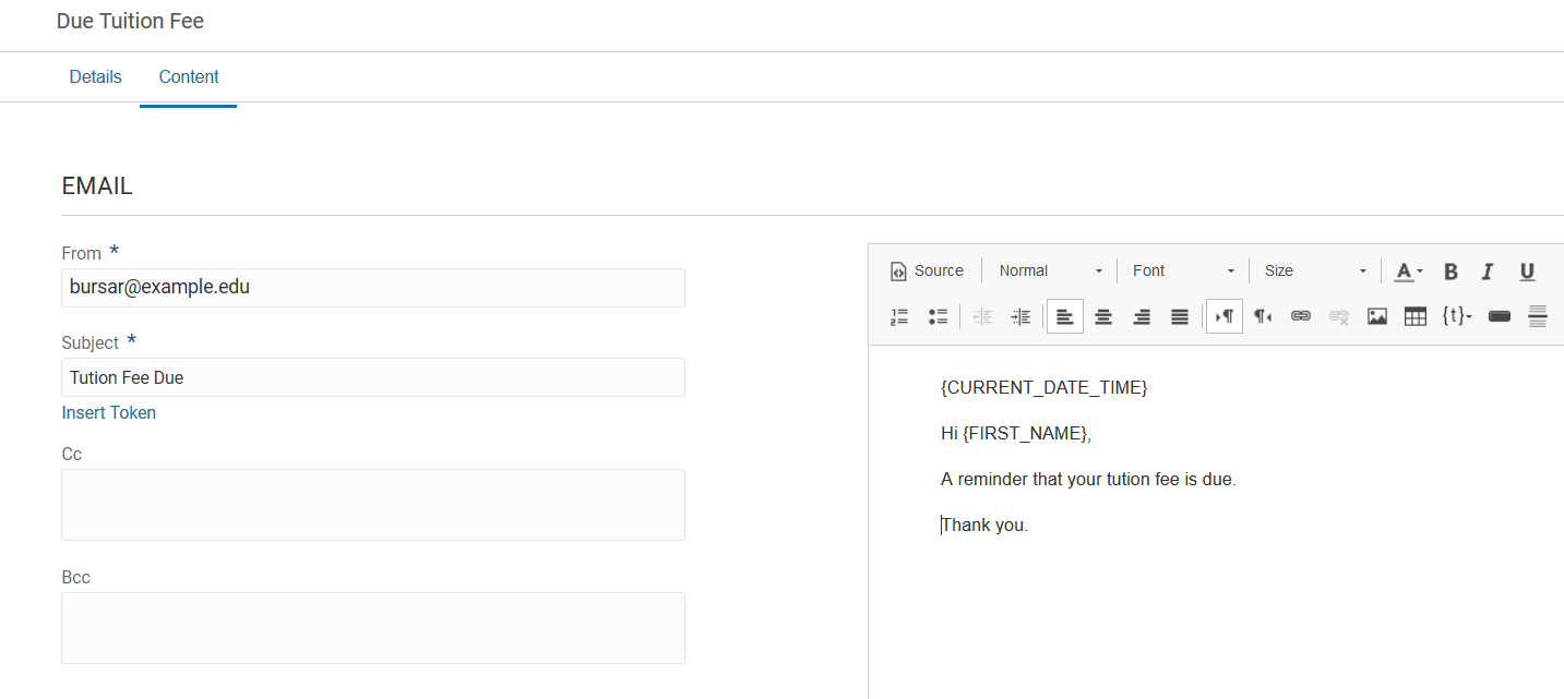 Communication Content page where you specify the content for the reminder.