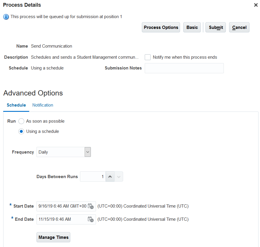 Process Details dialog box with options for defining a schedule where the process will run daily.