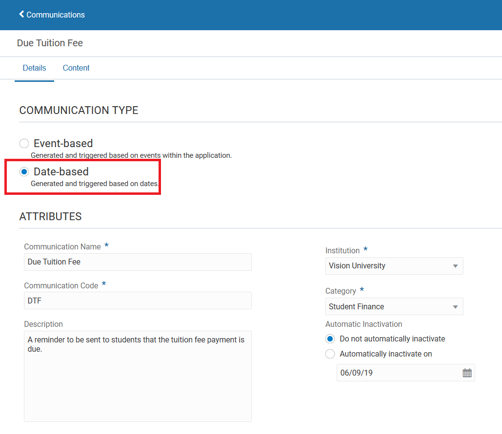 Communication Details page where you specify the communication type.