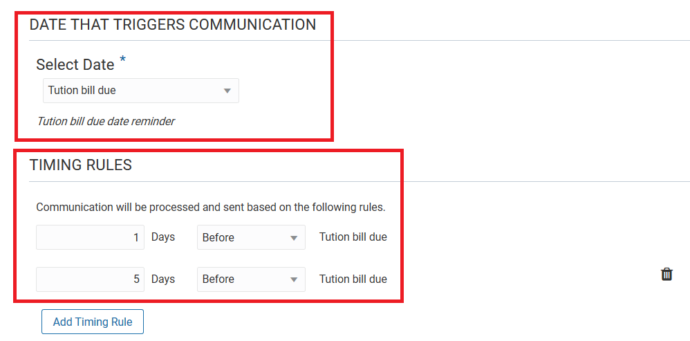 Communication Details page where you specify the reminder event and the timing rule.