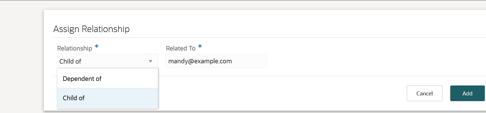 Example of predefined and activated relationships available for a fully or jointly managed user.
