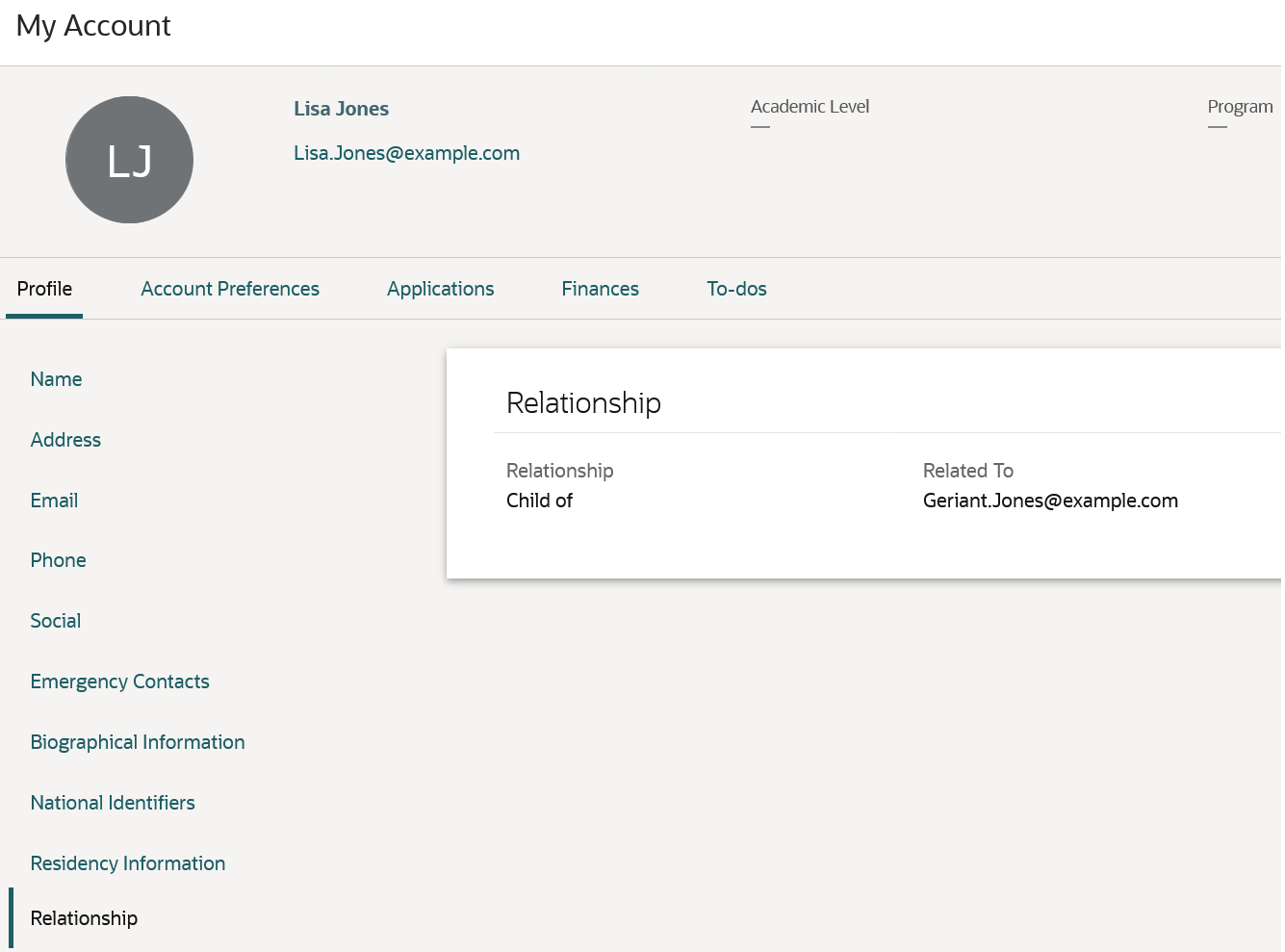 User viewing their relationships.