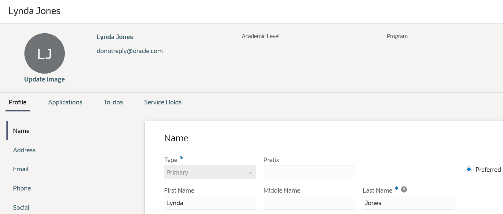 Name changed in person profile