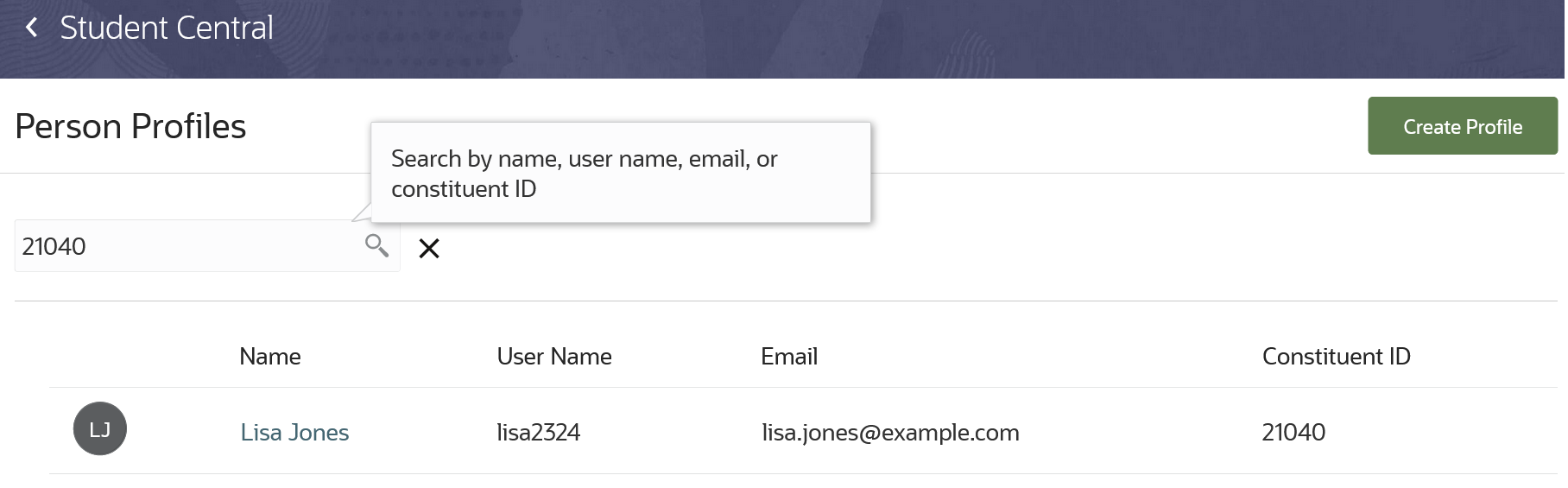 Example of searching for a person with a constituent ID.
