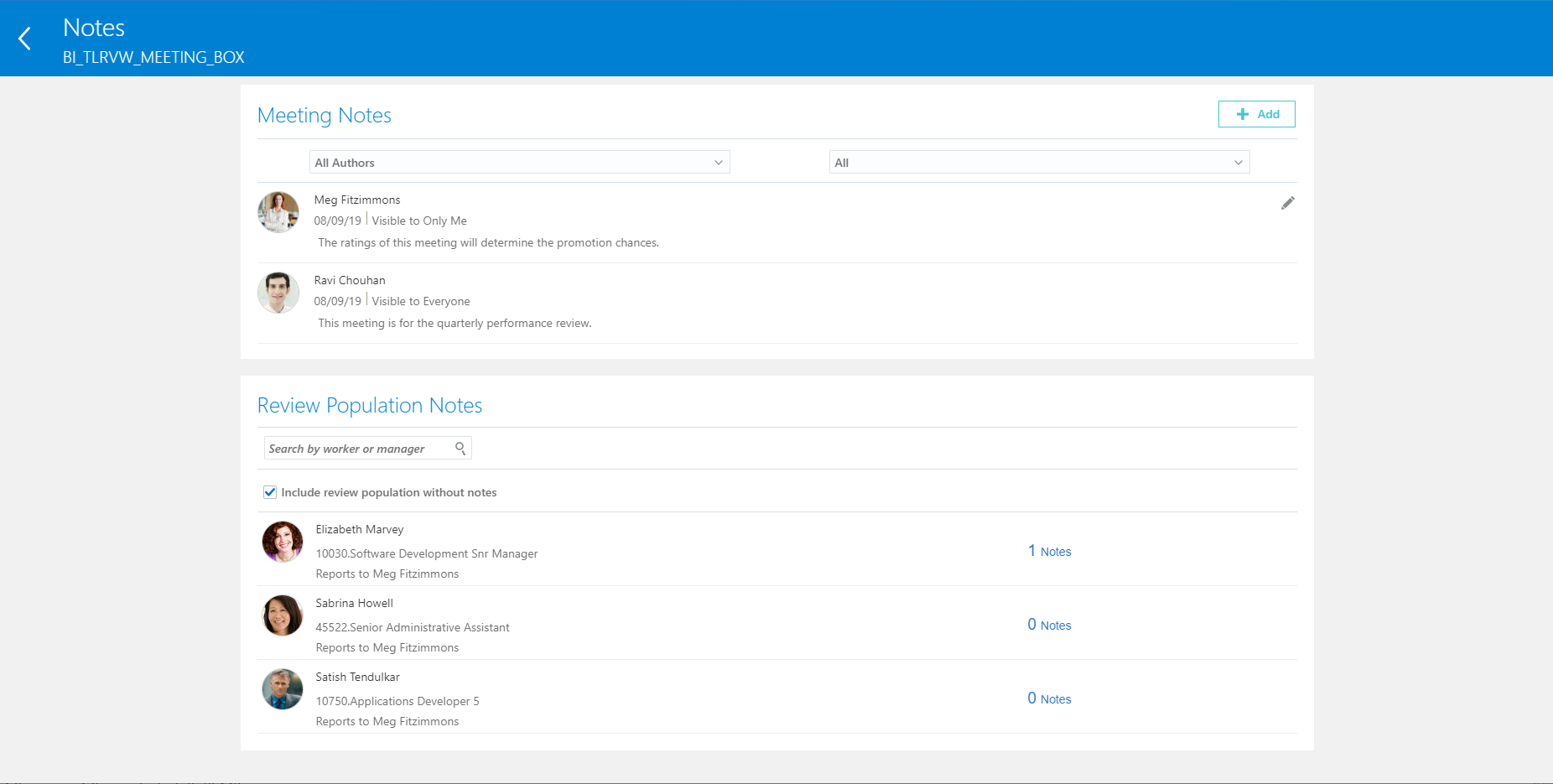 The Notes pages showing notes for the meeting and the reviewees