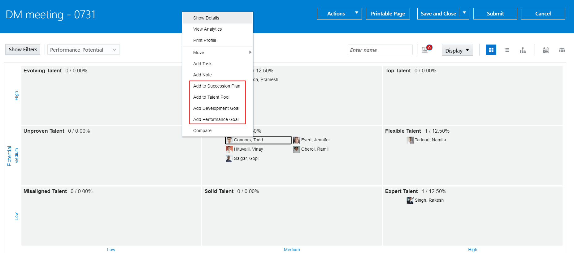 The image shows the dashboard of a meeting. A reviewee is selected and the actions that can be performed for the reviewee are shown.