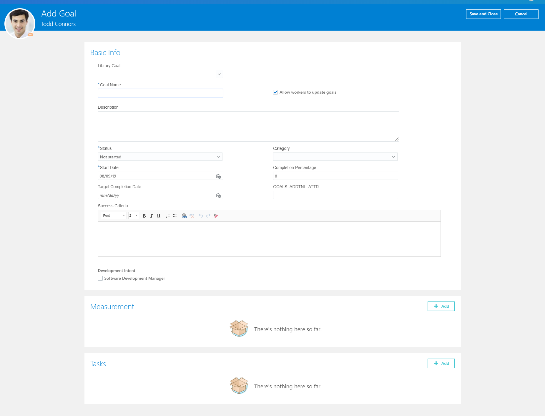 Responsive Add Goal page that has the Basic Info, Measurement, and Tasks sections