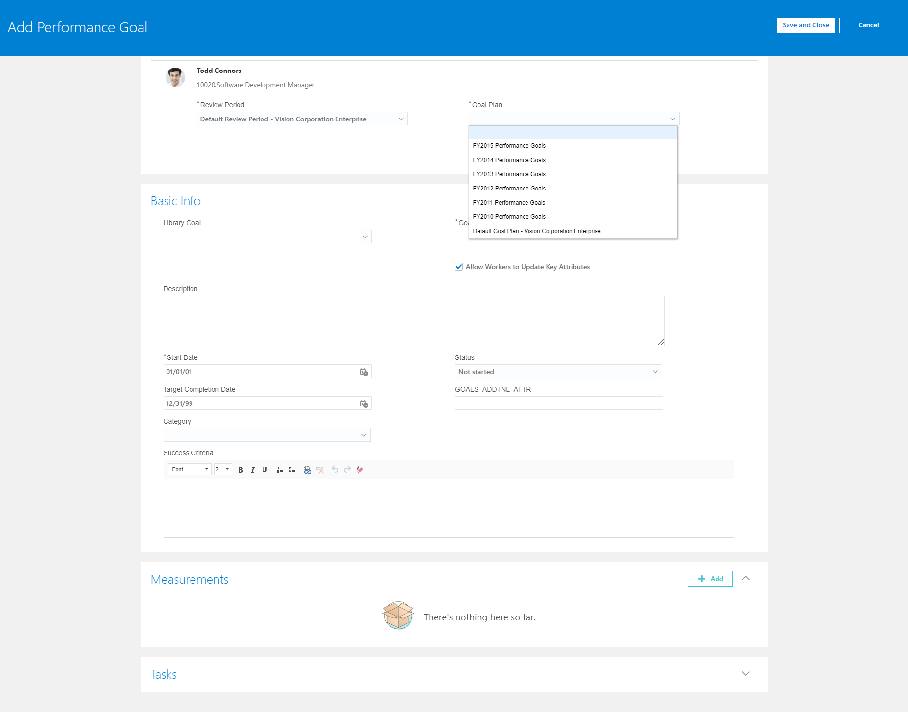 Responsive Add Performance Goal page with Basic Info, Measurements, and Tasks sections