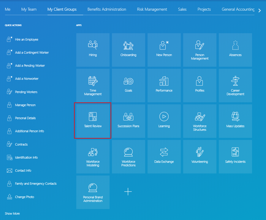 This image shows the Talent Review app in My Client Groups