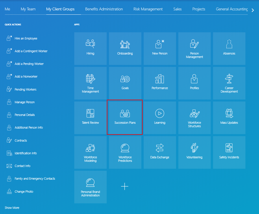 This image shows the apps that are available under My Client Groups. The Succession Plans app is highlighted in red.