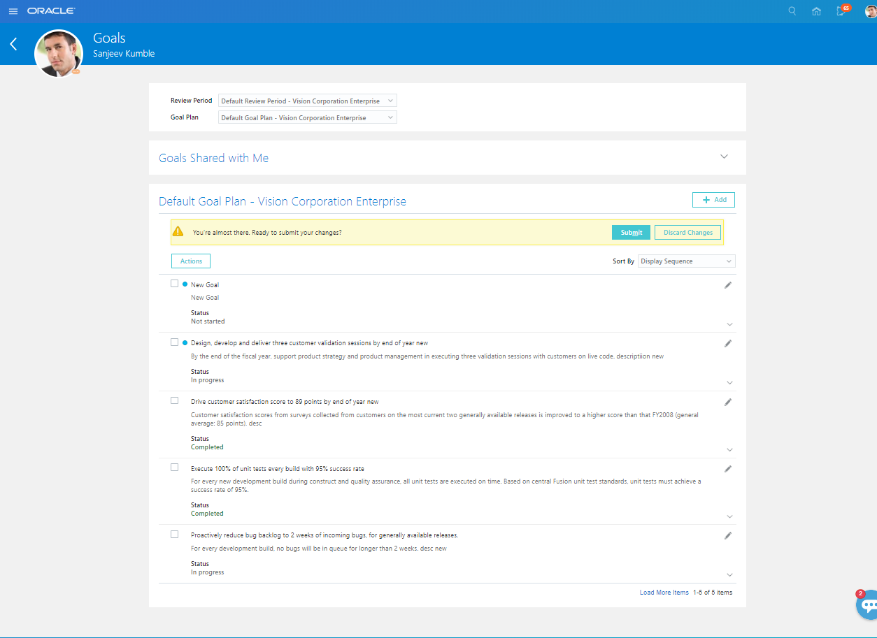 The Goals page with a banner. The banner includes a message and the Submit and Discard Changes button.