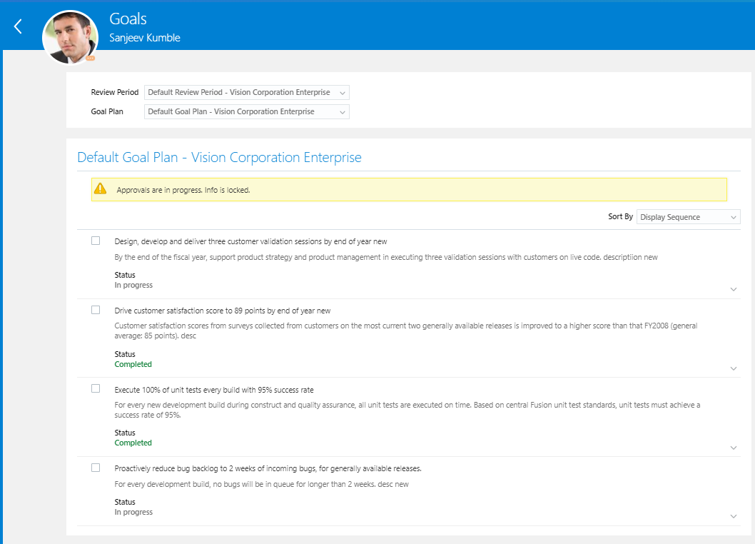 Goals page viewed by the observer and approver. The page doesn't show the goal changes made as the initiator is yet to submit the changes