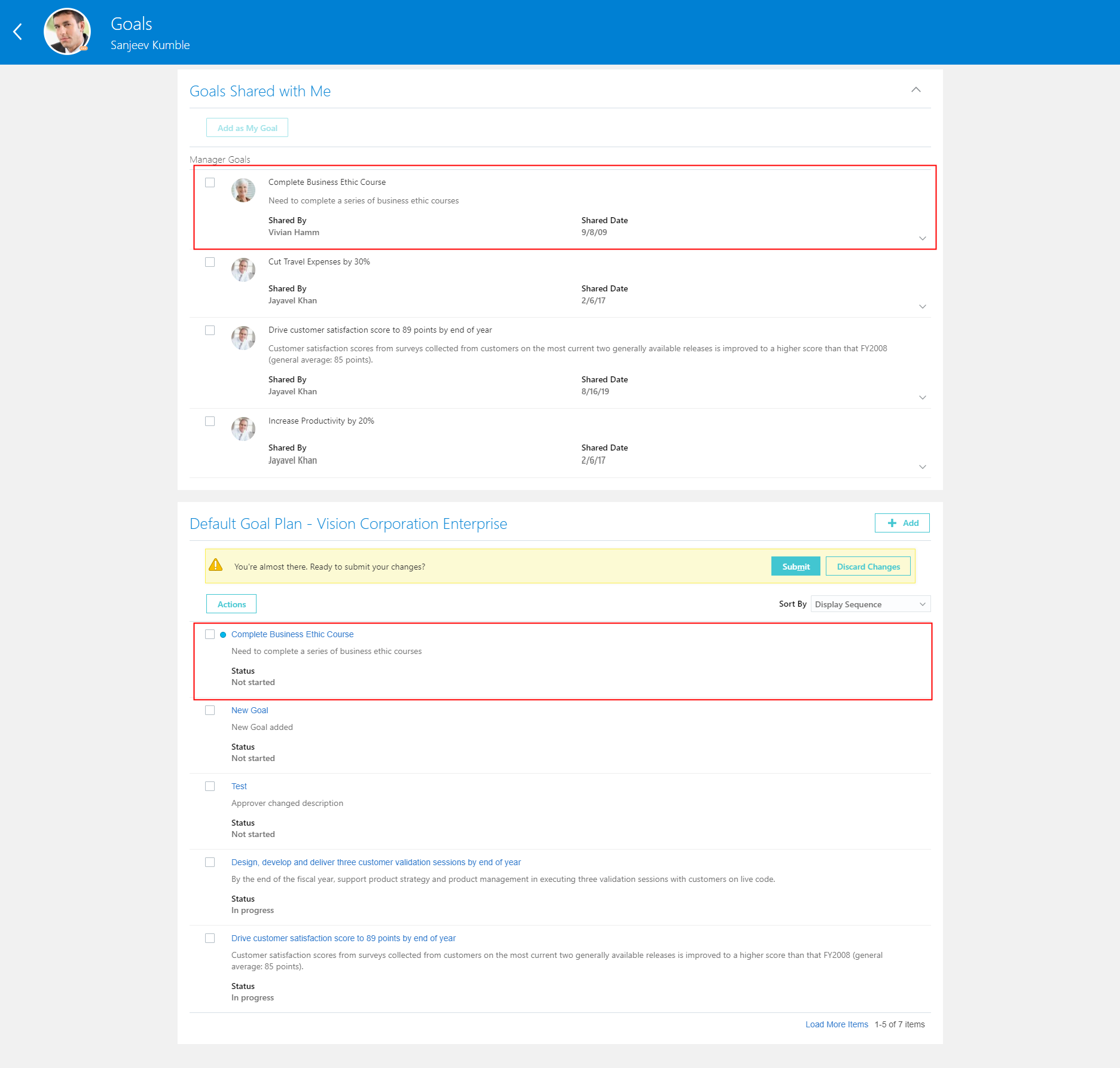The image shows the goal shared by the manager that the initiator added in both the Goals Shared with Me and the Goal Plan sections.
