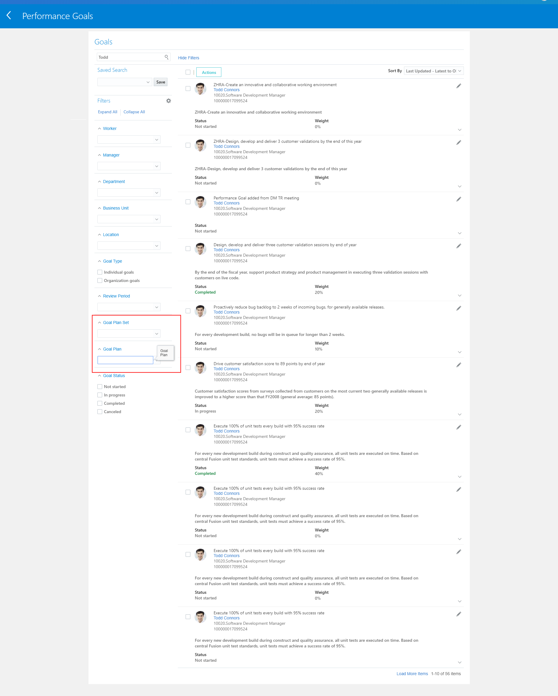 Performance Goals page with different faceted search filters like Worker, Manager, Location, Review Period, Goal Plan Set, and Goal Plan 