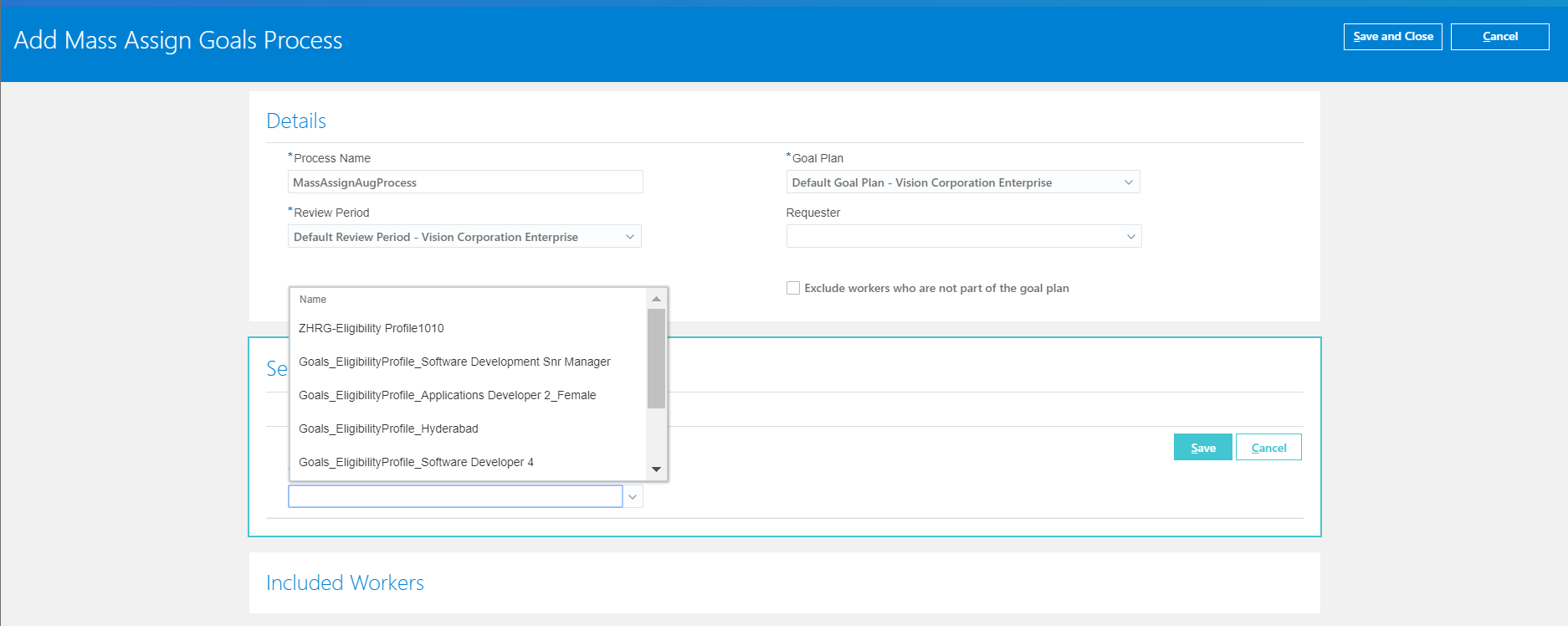 The Eligibility Profiles list of values showing the existing eligibility profiles on the Add Mass Assign Goals Process page