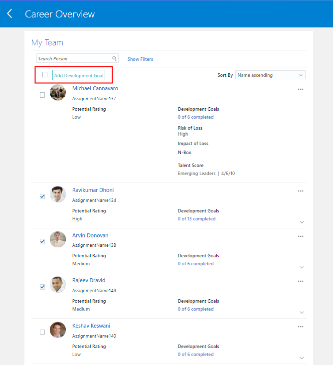 This image shows the My Team section on the Career Overview page.