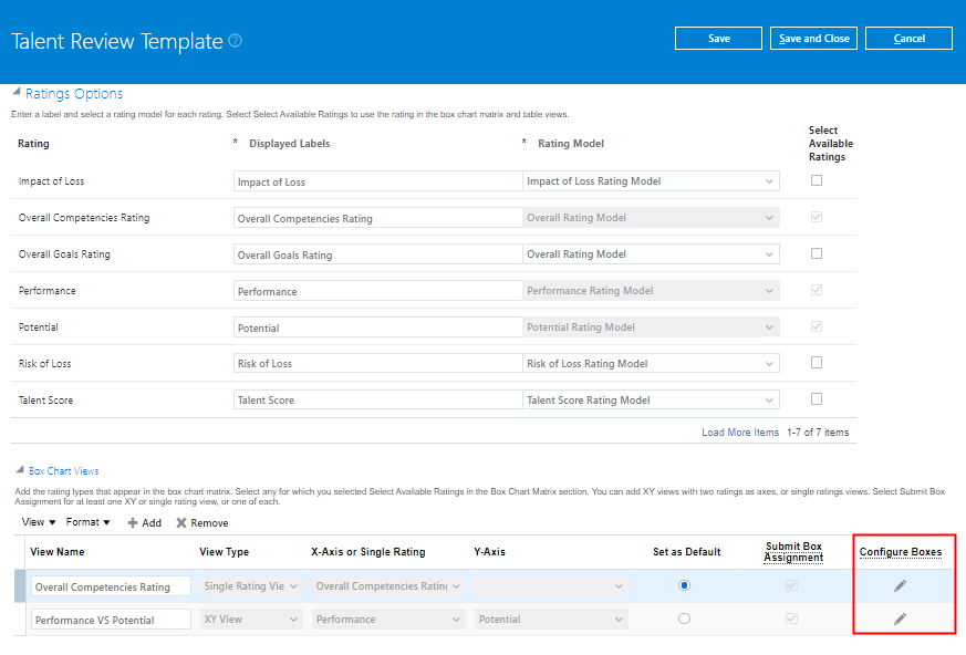This image shows the Talent Review Template page. The Box Chart Views Section has the Configure Boxes column to allow configuring of the box chart.
