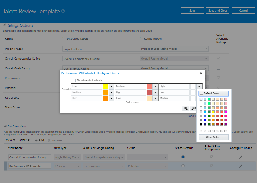 The image shows the Configure Boxes dialog box. A color picker is available to select the colors for each box.