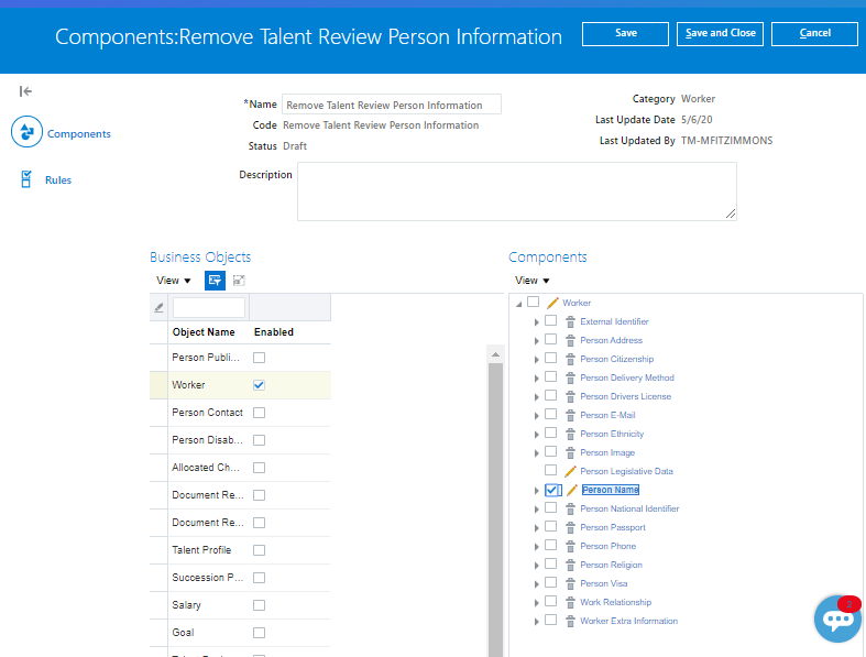 This image shows the Components tab of the configuration template. The Worker Business Object is selected.