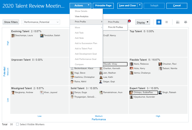 The image shows the two print profile options that are available on the Talent Review meeting dashboard