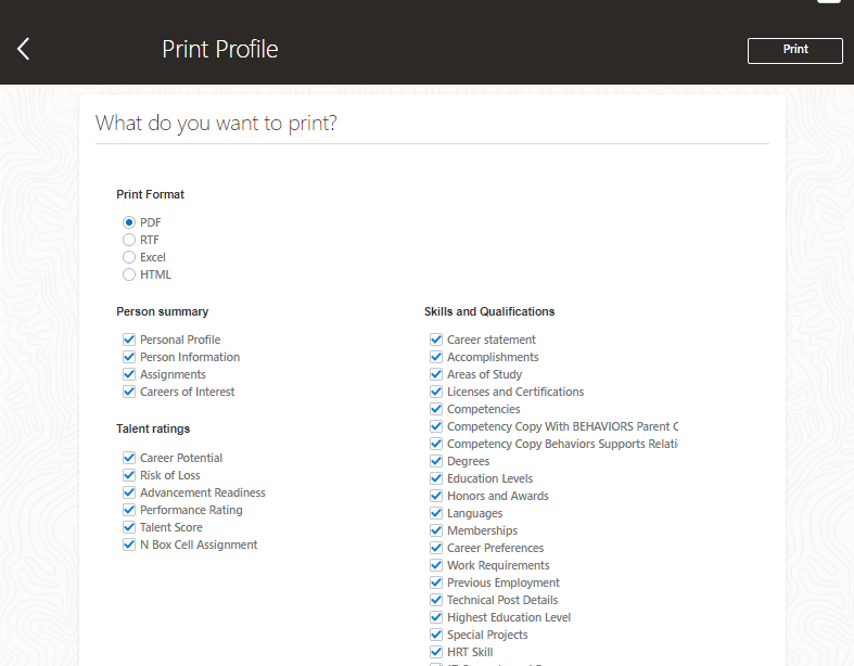 The print profile dialog box lists the print formats that are available and the various profile sections.