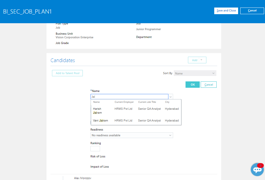 The image shows the Client Side List of Values for selecting the external candidate's name. Different attributes of the external candidate are also shown.