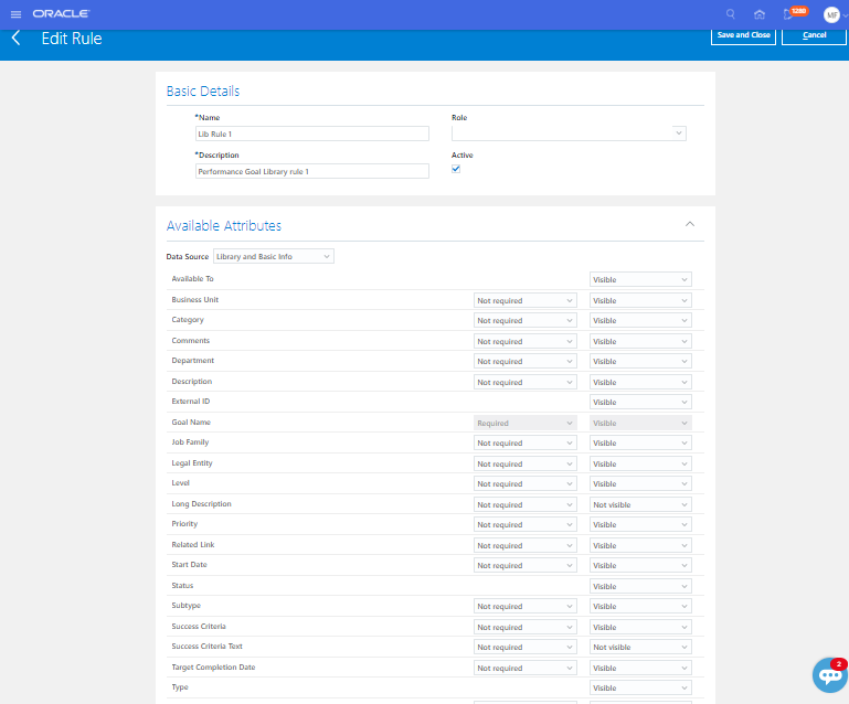 This image shows the Edit Rule page for the Performance Goal Library action in the Transaction Design Studio.