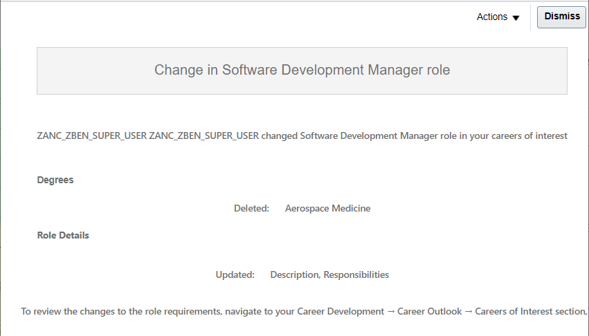 The image shows a notification that indicates that a degree has been deleted for the Software Development role. It also shows that the description and responsibilities have been updated.