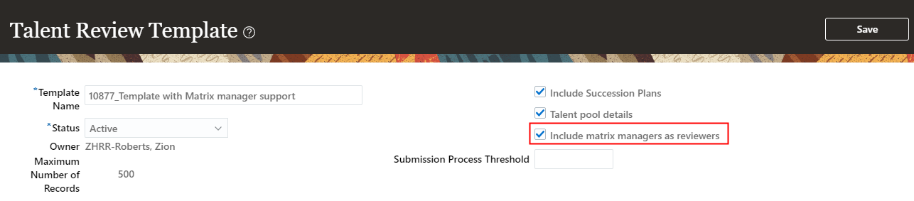 The image shows a Talent Review meeting template page. The check box for including matrix managers is highlighted.