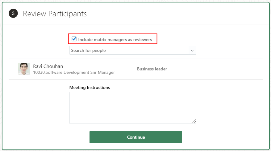 The image shows the Review Participants section of a Talent Review meeting configuration page.