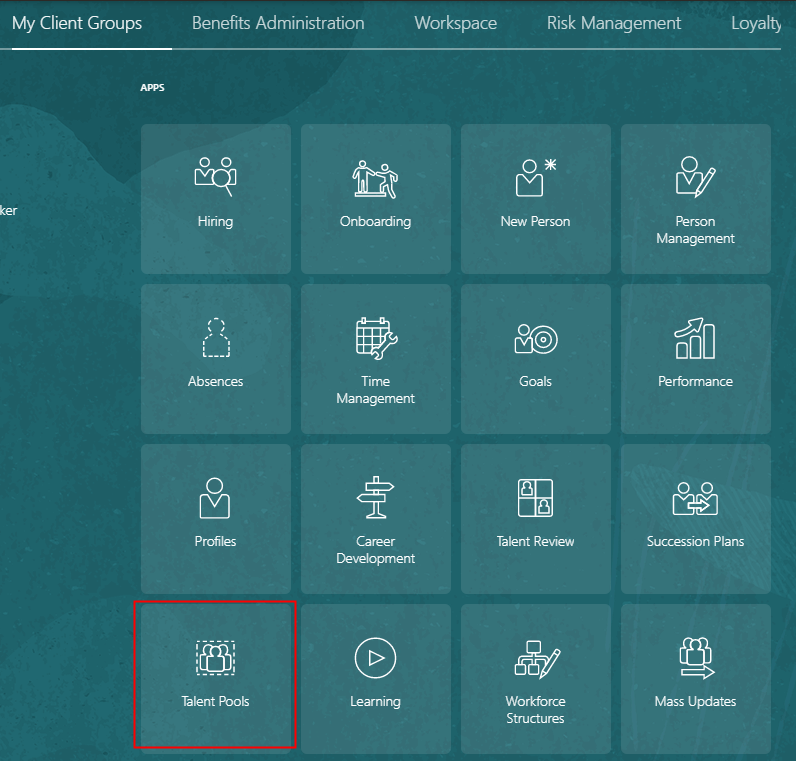 The image shows the Talents Pools app in My Client Groups.