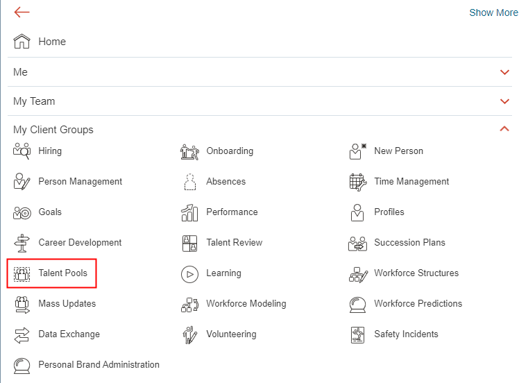 The image shows the Talent Pools menu item available in the Navigator.