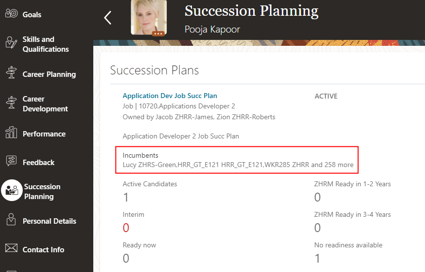 The image shows the Succession Planning tab of Pooja Kapoor's person spotlight page.