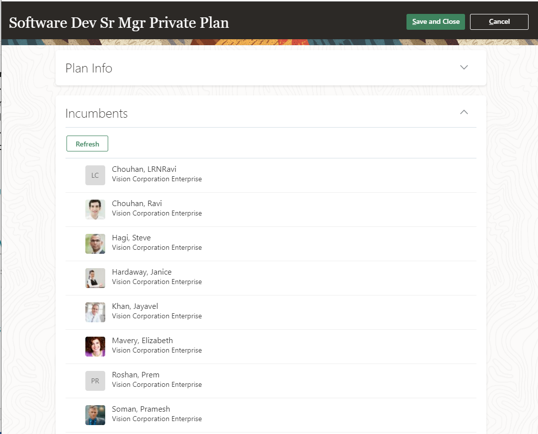 The image shows the Incumbents section of a private Job type succession plan created for the Software Development Senior Manager job. 