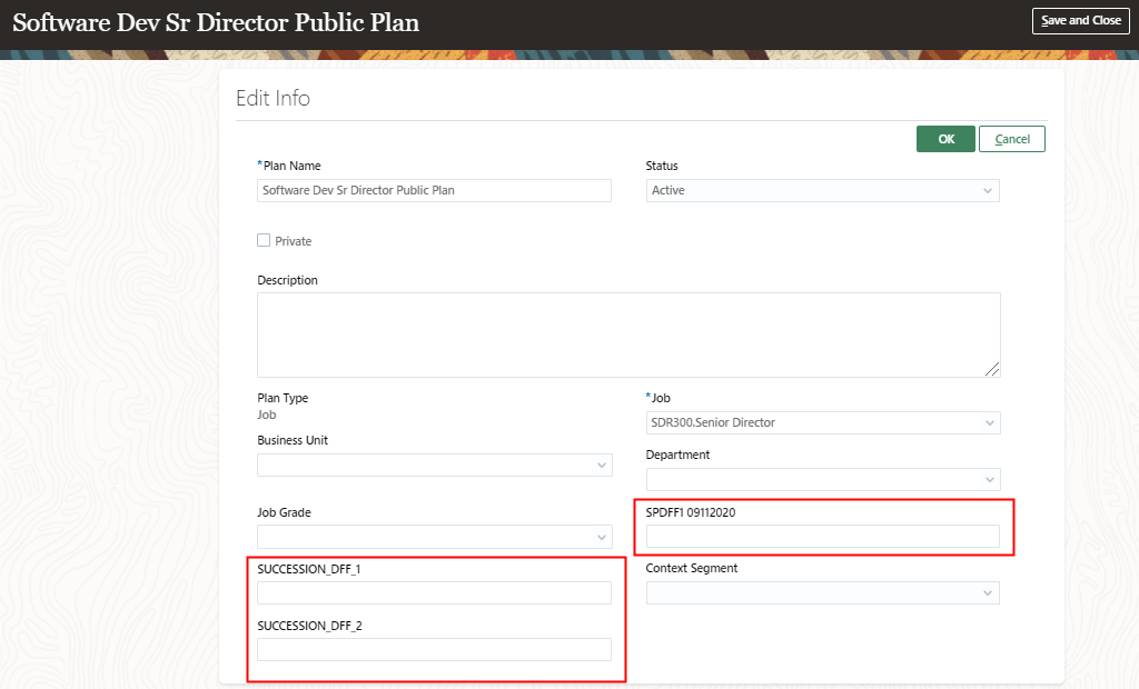 The image shows some flexfields in the Edit Info section of the Software Development Senior Director Public Plan.