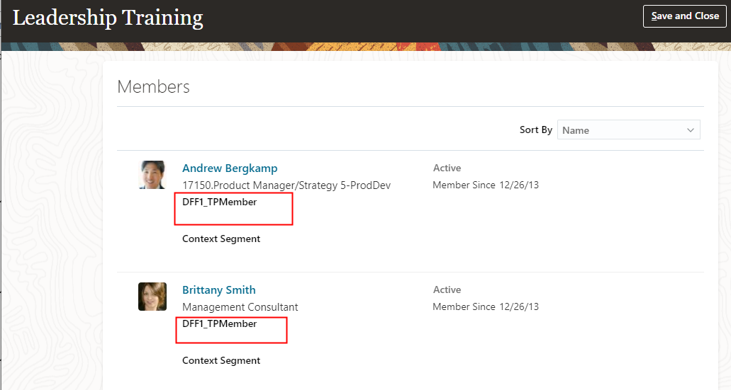 The image shows some flexfields in the Members section of the Leadership Training talent pool.
