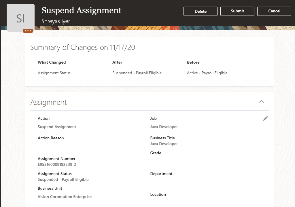 This image shows the Suspend Assignment Page of Shreyas Iyer. You can see the summary of changes and the Assignment details.