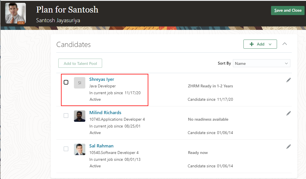 This image shows the Candidates Section of an Incumbent type succession plan. The employee with suspended assignment is highlighted.