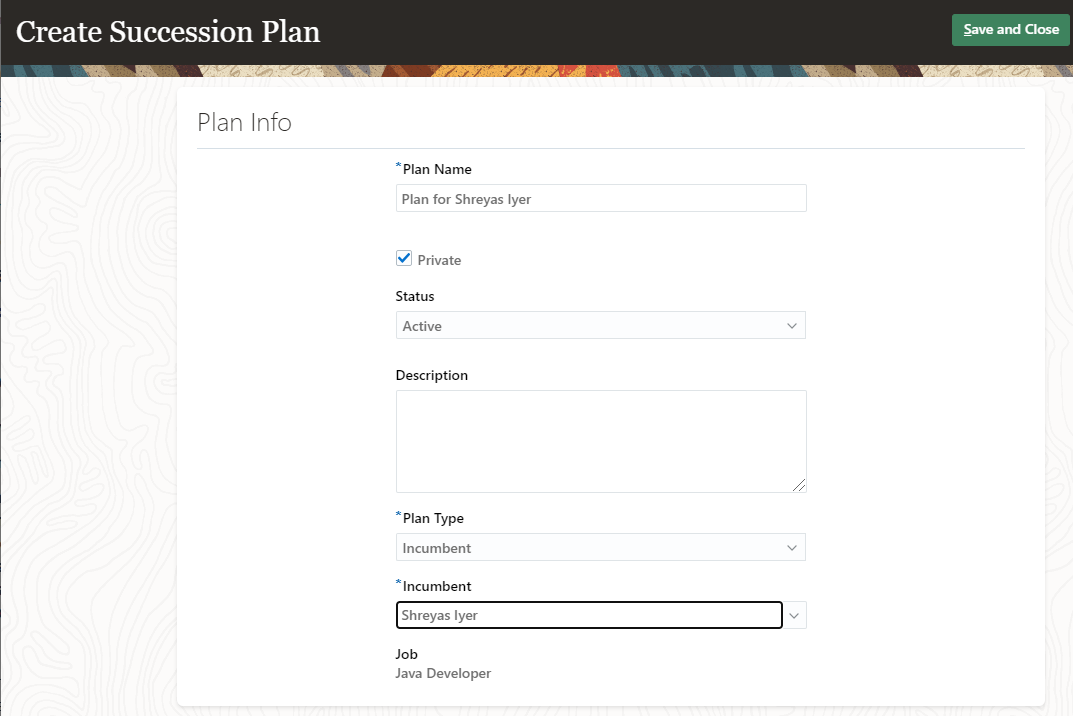 The image shows the Plan Info section of the Create Succession Plan page.