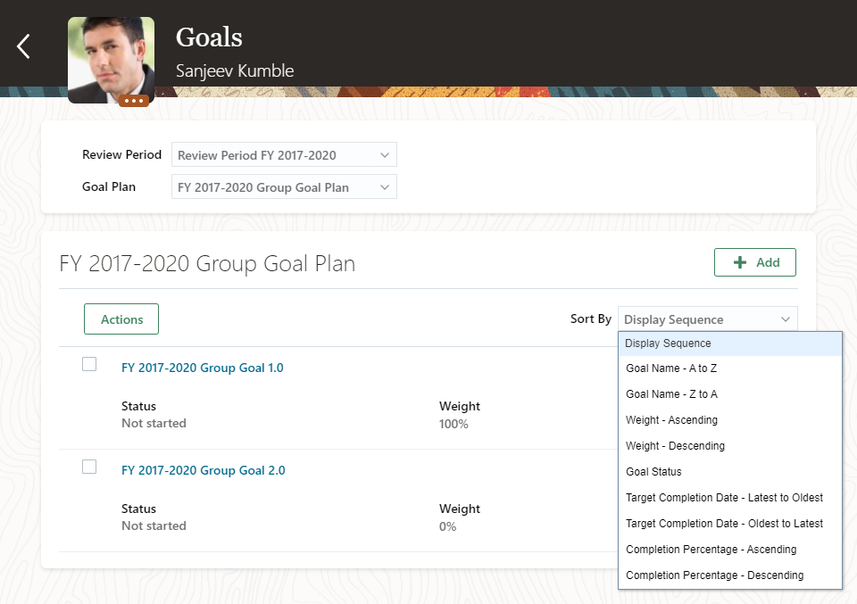 The image shows the Goals page of Sanjeev Kumble. The sort options available for a goal plan is also shown.