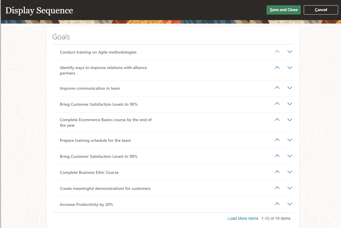 The image shows the Display Sequence page that lists 10 goals.