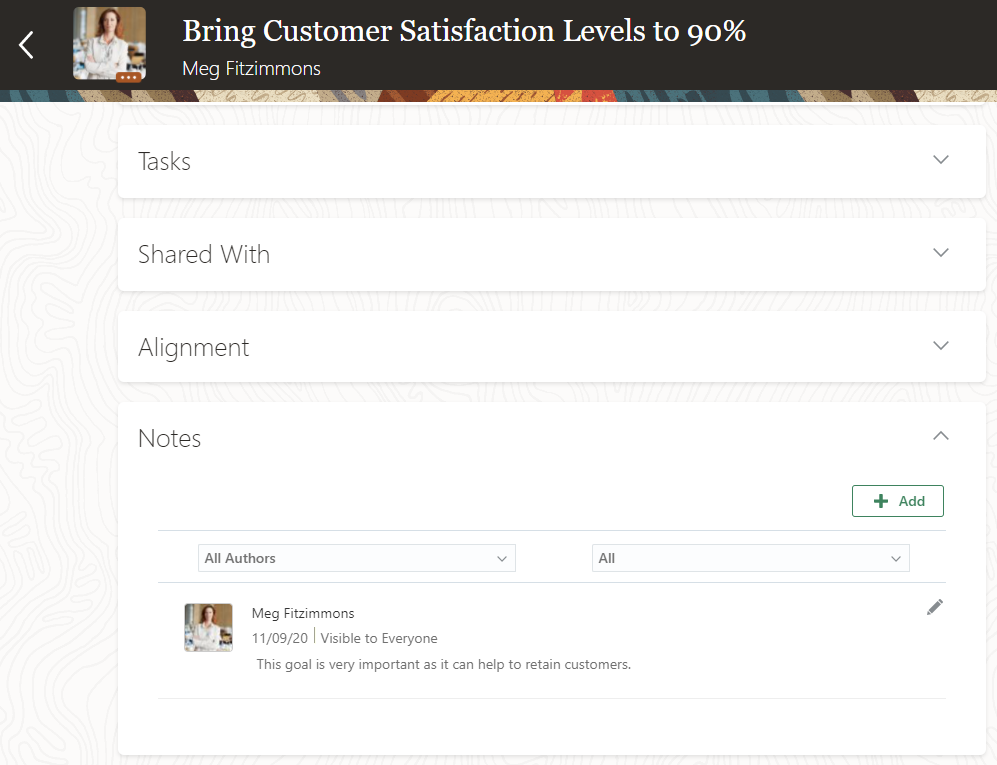 The image shows the Notes section in the Bring Customer Satisfaction Levels to 90 percent