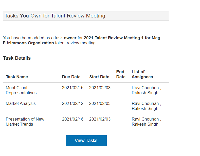 The image shows the aggregated notification received by a task owner for for three tasks of a Talent Review meeting.
