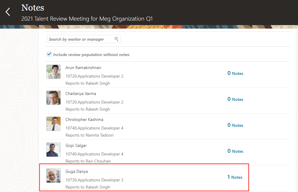 The image shows the Notes page of a Talent Review meeting. A dotted line reports has 1 note for the meeting.