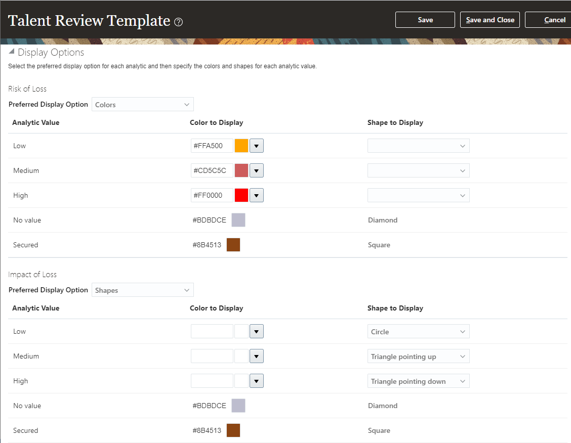 The image shows the Display Options section of a Talent Review template. For the Risk of Loss analytic, Colors is the preferred display option. For Impact of Loss analytic, Shapes is the preferred display option. 